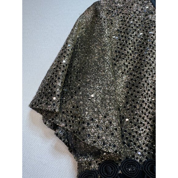 Molly Malloy Evening Party Dress Womens 6 Petite Black Gold Glittery A-Line Midi - Picture 6 of 16